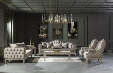 Wohnzimmer Grau Sofagarnitur 2x Beistelltisch Luxus Sessel Couchtisch 7tlg