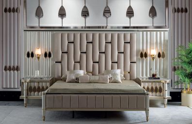 Schlafzimmer Set Beige Bett 2x Nachttische Schminktisch Spiegel Hocker Neu 6tlg.
