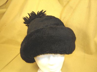 Vintage Damen Mütze Webpelz mit dickem Bommel 60er 70er Jahre schwarz p ZB1