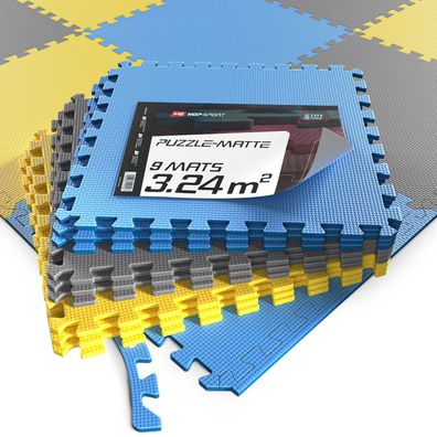 Puzzlematte Bodenschutzmatte Unterlegmatte EVA 1cm Grau/ Blau/ Gelb - 9 Stück
