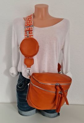 Unisex Bauchtasche Cross Body Bag Lederimitat bunter Gurt extra Tasche Orange