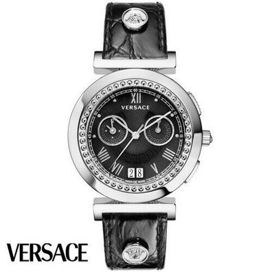 Versace VA9010013 Vanity Chronograph silber schwarz Leder Armband Uhr Damen NEU