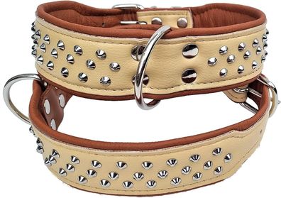 Hundehalsband, NIETEN, Halsumfang 50-61cm, Beige (Natur) -COGNAC Echt Leder