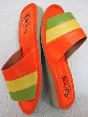 Pantolette -Latschen Gr.36 -Kunst LEDER weich&leicht - Orange-Grün- Gelb