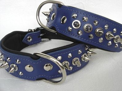 Hunde Halsband - Halsumfang 33-41cm/40mm, LEDER + Stacheln * Blau-Schwarz*