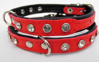 Hundehalsband - Halsband, Halsumfang 21-26, cm, Leder + Kristallen ROT