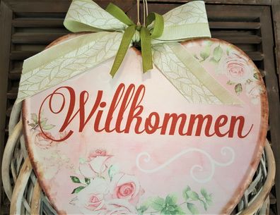Türkranz Willkommen Tür deko hänger grün rosa romantisch shabby Kranz Ø 30cm