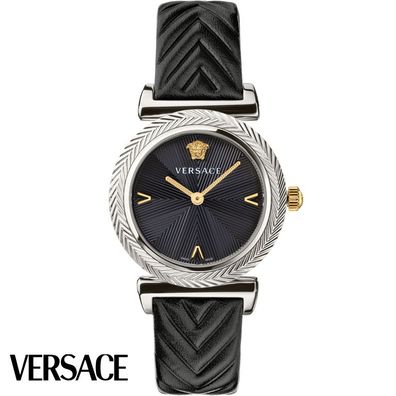 Versace VERE01620 V-Motiv silber schwarz Leder Armband Uhr Damen NEU