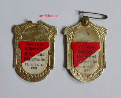 2 alte Abzeichen Sachsen Erzgebirge Turnverein Künhaide 1931 Heim und Platzweihe
