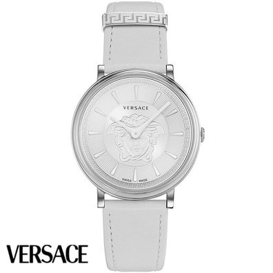 Versace VE8103621 V-Circle Lady silber weiss Leder Armband Uhr Damen NEU
