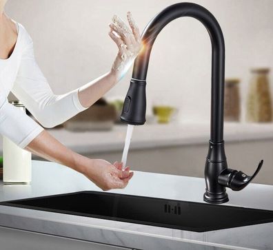Sensor Wasserhahn schwarz Küchen Armatur Einhebelmischer Automatik Touch Brause