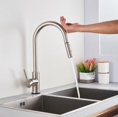 Sensor Wasserhahn Silber Küchen Armatur Einhebelmischer Automatik Touch Brause