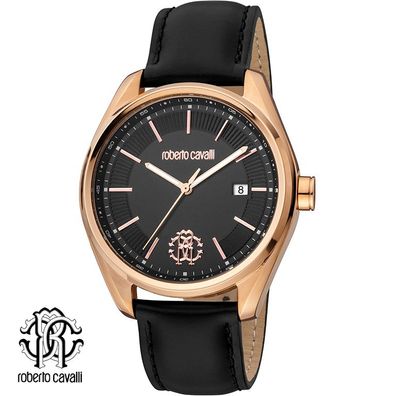 Roberto Cavalli RC5G012L0045 roségold schwarz Leder Armband Uhr Herren NEU