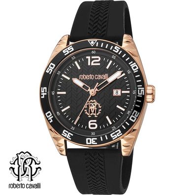 Roberto Cavalli RC5G018P0045 roségold schwarz Kautschuk Armband Uhr Herren NEU