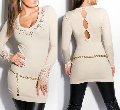 SeXy Miss Damen V Pullover Long Pulli Strass Feinstrick Mini Kleid 34/36/38 beige