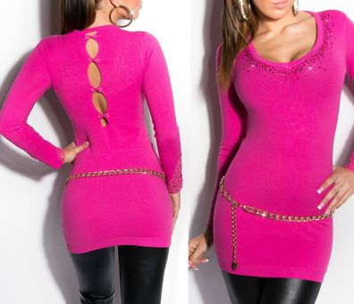 SeXy Miss Damen V Pullover Long Pulli Strass Feinstrick Mini Kleid 34/36/38 pink