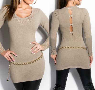 SeXy Miss Damen V Pullover Long Pulli Strass Feinstrick Mini Kleid 34/36/38 braun