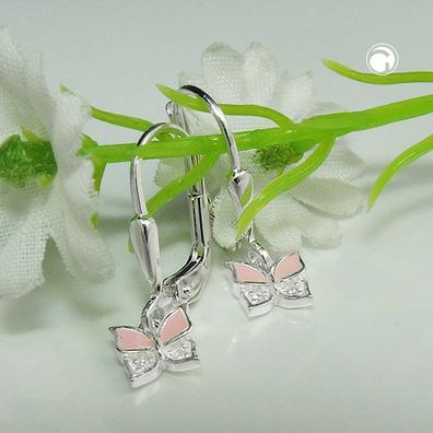 Ohrbrisur Ohrhänger Ohrringe 19x6mm Schmetterling rosa lackiert mit Zirkonia Sil