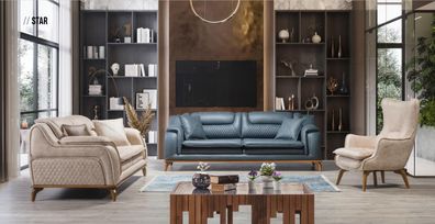 Sofagarnitur 3 + 3 + 1 Sitzer Blau Sessel Luxus Leder Sofa Couch Möbel Western Stil