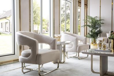 Wohnzimmer Set Beige 2x Sessel Weiß Beistelltisch Elegantes Möbel Neu