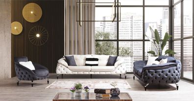 Couch Chesterfield mit Holz Textil Sofagarnitur 331 Sitz Set Polster Möbel Stoff