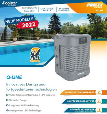 Poolex Q7 Vertikal Wärmepumpe Fi 7kw Full-Inverter 30-45m3 WIFI Poolheizung Q-Line