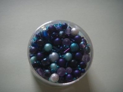 110g Perlen Mix - (blau, silber) - Wachsperlen, Rocailles, Stäbchenperlen