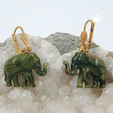 Ohrbrisur Ohrhänger Ohrringe 37x23mm goldfarben Elefant mini oliv-marmoriert Kun