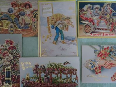 Shackman 80er Victorian geprägte folienverzierte Postkarten AK Birthday Geburtstag