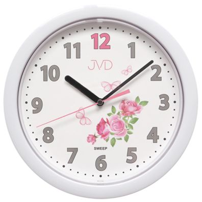 JVD HP612. D1 Wanduhr für Kinder weiß rosa Rosen Schmetterlinge Kinderwanduhr