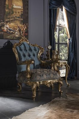Sessel Blau Elegantes Wohnzimmer Polster Stoff Design Klassische Luxus Schön Neu