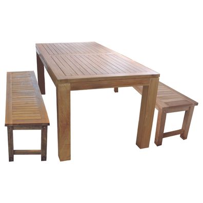 3-tlg. Gartengarnitur Sitzgruppe Teakholz 180x90x75cm Tisch + 2 Bänke aus Teak