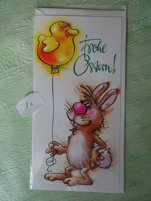 alte Din lang Ostergrußkarten & Kuvert - Osterhase mit Humor Kükenluftballon