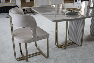 Stuhl Beige Elegantes Modern Esszimmer Schön Stoff Design Luxus Metall Stühle