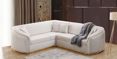 Design Eckcouch Wohnzimmer Eckgarnitur Sofa Couch Textil Ecksofa Beige Gold Samt