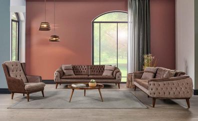 Sofagarnitur Braun Luxus Sofas Sessel 3 + 3 + 1 Sitzer Chesterfield Design