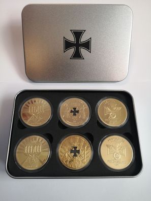 Kupfermedaille 6erSet mit Box Brandenburger Tor, Reichsbank, Dt. Handwerk gilded