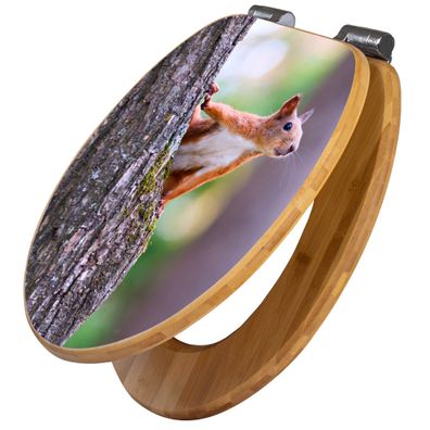 banjado® WC-Sitz Bambus braun mit Absenkautomatik Motiv Eichhörnchen