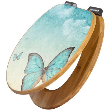 banjado® WC-Sitz Bambus braun mit Absenkautomatik Motiv Blaue Schmetterlinge