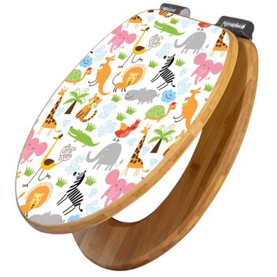 banjado® WC-Sitz Bambus braun mit Absenkautomatik Motiv Fröhliche Tiere