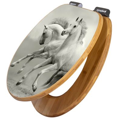 banjado® WC-Sitz Bambus braun mit Absenkautomatik Motiv Wilde Pferde SW