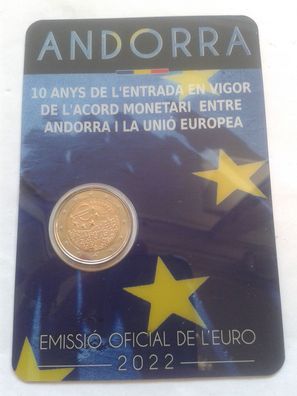Original 2 euro 2022 Andorra Währungsunion mit der EU in coincard