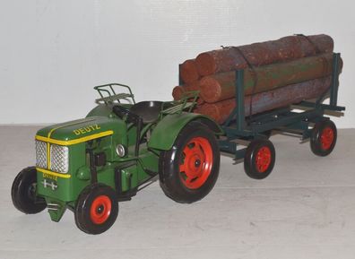 Blechtraktor Traktor Modellauto Oldtimer Deutz Gespann mit Holzanhänger Deko