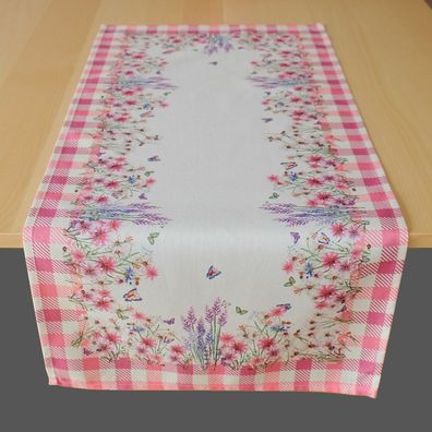 Tischläufer 40 x 90 cm Tischdecke Frühling Sommer weiß rosa Blumen Karo Deko