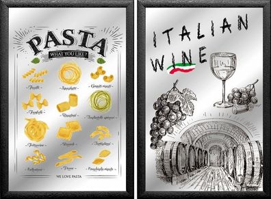 Set: 2 Spiegelbilder Italian Food Pasta Wine Deko 20x30 cm Hinterglasdruck