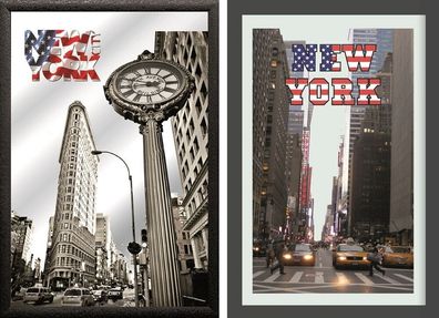 Set: 2 Spiegelbilder New York Clock Taxi Bild 20x30 cm Vintage Hinterglasdruck