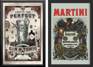 Set: 2 Spiegelbilder Gin Tonic Hendricks Martini & Rossi 20x30 cm Vintage Bilder