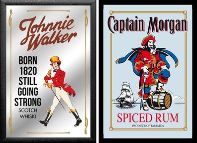 Set: 2 Spiegelbilder Johnny Walker Whisky Captain Morgan 20x30 cm Vintage Bilder