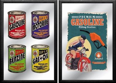 2 Spiegelbilder Garage Retro Bild Gasoline Benzin Pin-Up 20x30 cm Wandbilder
