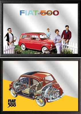 2 Spiegelbilder Fiat 500 Oldtimer 20x30 cm Vintage Wandbilder Hinterglasdruck